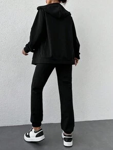 EURMUSE Cotton Letter Graphic Zip Up Bomber Jacket & Drawstring Waist Sweatpants - Black - View 2
