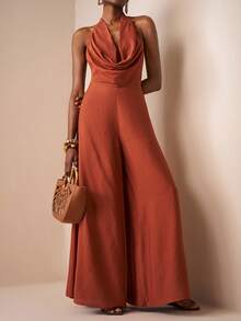 Zivah Mono de mujer con cuello halter, estilo suelto, de pernera ancha, estilo swing, en color rojo ladrillo marrón tejido, estilo celebridad de internet, elegante para vacaciones, citas diarias, playa, crucero, fiesta, 2025 nuevo estilo