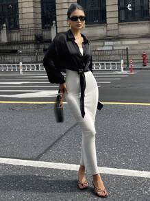 DAZY Camisa de mujer con diseño de cinturón, unicolor, manga larga - Negro - Ver 6