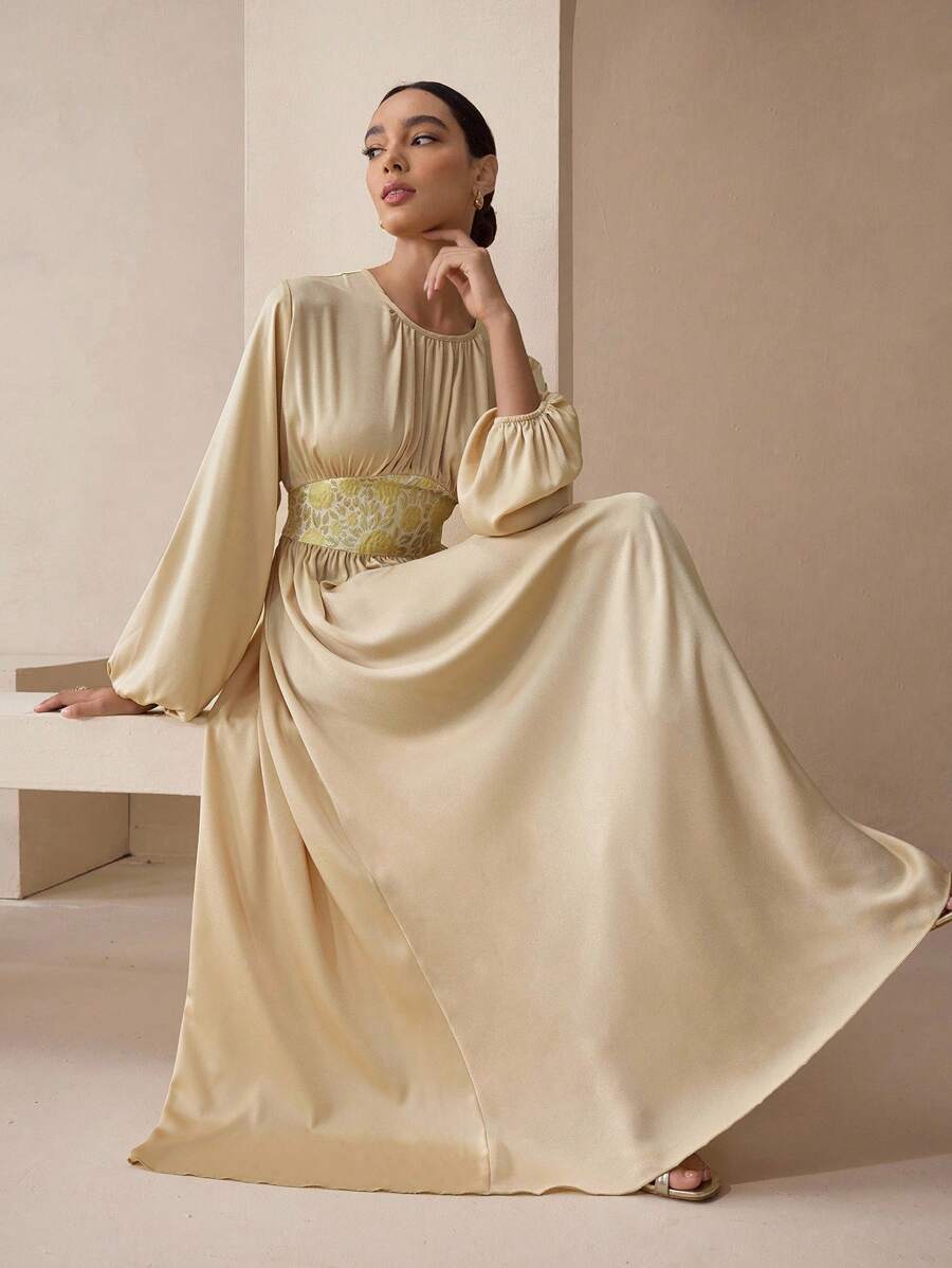 Graceveil 秋季编织拼布柔和色芦苇黄优雅教师长裙