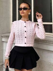 Glamine 秋冬镂空针织粉色短款开衫，优雅女士纽扣前毛衣 - 粉色 - 查看 4