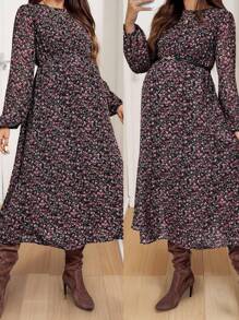 SHEIN Fall Clothes,Autumn Clothes,Maternity Autumn Clothes Maternity Maternity Floral Print Crew Neck Long Sleeve Dress Ditsy Floral Dress Fall Dresses For Women Long Sleeve Midi Dress Autumn Dress Wildflower Dress - Black - View 10
