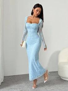 SHEIN PETITE Women's New Summer Party Date Evening Sexy S-Shaped Lace Long-Sleeved Breast Cup Fishbone Square Neck Tight Bodycon Black Maxi Dress Baby Blue Lace Dress Light Blue Long Sleeve Dress Baby Blue Elegant Dress Light Blue Maxi Dress Blue Lace Evening Gown Formal Dresses For Wedding Guest Lace Long Dress,Party Dress,Fall Dresses For Women - Baby Blue - View 8