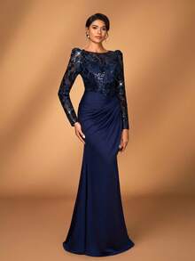 Serin Plus Size Elegant Navy Blue Winter Formal Evening Wedding Guest Dress,Sequin Embroidery Round Neck Long Sleeves Mermaid Hem Mother Of Bride Dress - Navy Blue - View 6