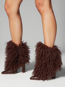 SHUZIA Fashionable Women's Chocolate Faux Fur Fuzzy Pu Chunky Heel Pointed Toe Bootie Slip-On Comfort Fall Winter Holiday Shoe - Chocolate Brown - View 2