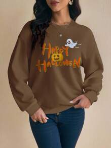 Shutterstock Glamance 女士万圣节口号印花圆领运动衫 万圣节服装秋季女装万圣节运动衫棕色运动衫万圣节快乐运动衫秋季运动衫万圣节毛衣秋冬 - 棕色 - 查看 3