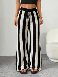 SHEIN PETITE Wool Knitted Black And White Striped Casual Home Ladies Wide-Leg Trousers Comfortable And Versatile In Fall/Winter - Black and White - View 7