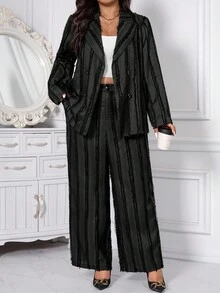 SHEIN Clasi بدلة رياضية مكونة من بليزر مزدوج الصدر مخطط وبنطال فضفاض واسع الساق مقاس كبير - الأسود - مشاهدة 7