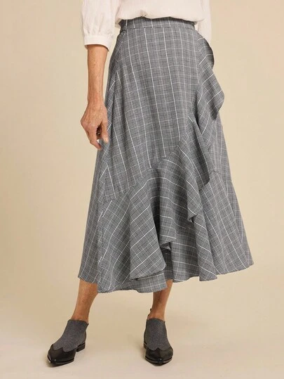 SHEIN LUNE 女士条纹荷叶边下摆休闲 A 字中长裙情人节外出装