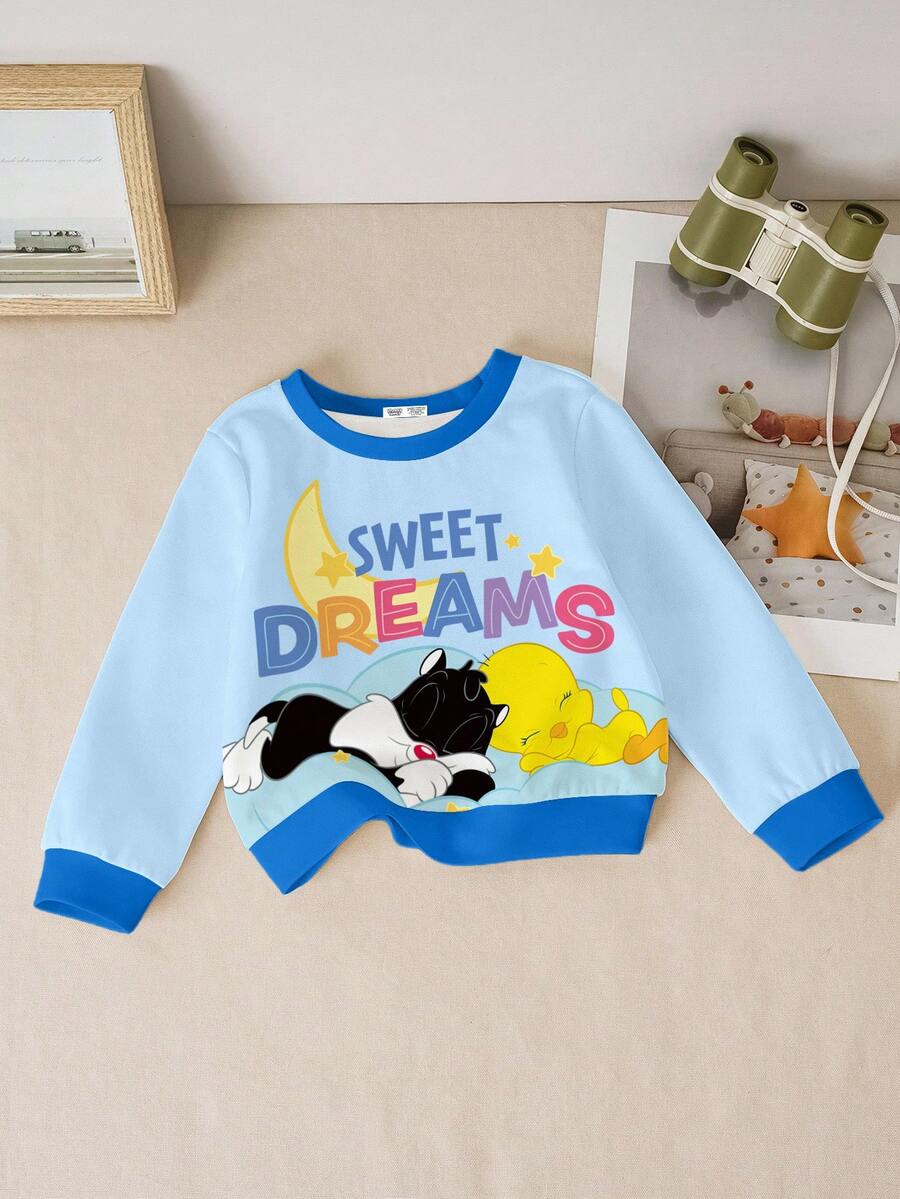 LOONEY TUNES X SHEIN Sudadera de cuello redondo de manga larga con estampado de letras y dibujos animados para bebé niño - Blanco - Ver 1