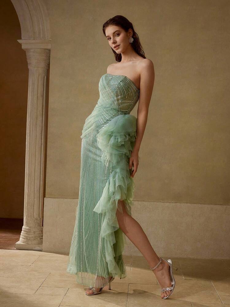 MOTF Soiréza Vestido de noche largo hasta el suelo con espalda descubierta y tirantes, con Body de malla bordada y bajo con volantes de tul - Vestido formal de primavera/verano color verde menta para eventos de gala