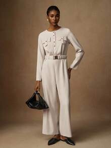 Lyxana Jumpsuit Wanita Elegan Warna Polos dengan Leher Bulat dan Gesper Logam, Pakaian Musim Gugur untuk Wanita - Aprikot - View 1