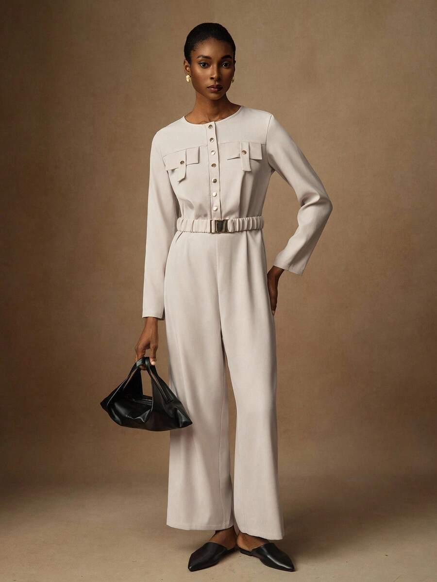 Lyxana Jumpsuit Wanita Elegan Warna Polos dengan Leher Bulat dan Gesper Logam, Pakaian Musim Gugur untuk Wanita - Aprikot - View 1