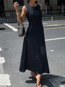 DAZY Women's Sleeveless Round Neck Waist Cinched Denim Dress, Summer - Blue - View 6