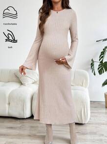 SHEIN Pregnant Women's Solid Color Ribbed Crew Neck Long Sleeve Dress - Khaki - View 3