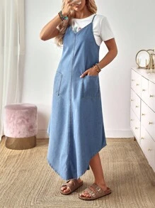 EMERY ROSE Women's Summer Casual Dual Pocket Arc Hem Strap Denim Dresswestern Wear Women/Old Money Style/Bohemian - Blue - View 7