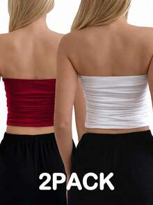 EURMUSE 2pcs Women Solid Color Ruched Bandeau Sleeveless Crop Top Set - Multicolor - View 2