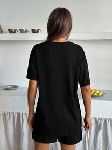 EURMUSE Quần Short Nữ Màu Trơn Thoải Mái Vừa Vặn Thường Ngày Tay Ngắn Thêu Phía Trước Túi Vá Và Eo Thun Dây Rút Ngắn Thường Ngày - màu đen - Xem 2