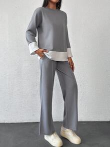 EURMUSE Bộ đồ thể thao 2 món thoải mái, áo nỉ cổ tròn thường ngày cỡ nhỏ có viền chi tiết, vừa vặn thoải mái - Xám - Xem 5