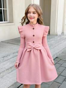 SHEIN Serisse Kids 青少年女孩休闲复古优雅立领纹理提花纽扣腰部喇叭长袖连衣裙 - 淺粉色 - 查看 3