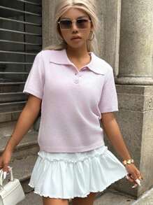 INAWLY Women's Solid Color Polo Collar Loose Casual Knit Top - Pink - View 6