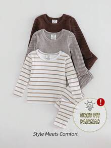 SHEIN 6pcs Baby Boy Minimalist Soft Comfortable Ribbed Solid Color Knitted Ribbed Long Sleeve Top And Pants Pajama Set, Cozy Sleepwear - Multicolor - View 7