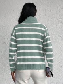 SHEIN Cottnline Women's Zipper Half-Placket Striped Sweater Pullover - Mint Green - View 2