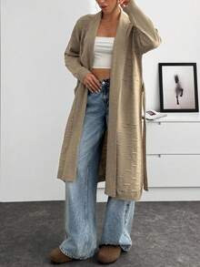 EURMUSE 女士纯色落肩长袖口袋休闲长款开衫 - 米色 - 查看 3