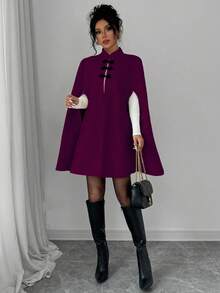 Elenzga 优雅立领撞色中式纽扣斗篷斗篷女款，厚羊毛面料，秋冬 - 紫色 - 查看 4