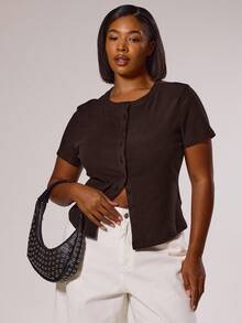 MUSERA 大码修身短袖纽扣上衣，优雅高贵，适合度假、休闲、可爱、浪漫的90年代Y2K风格冬季穿着。 - 咖啡棕 - 查看 1