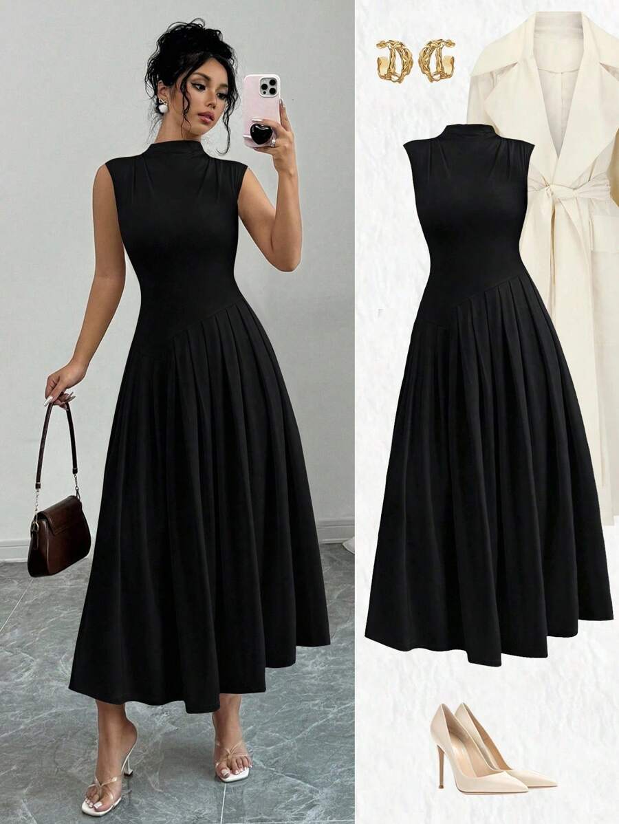 Selianne 2024 新款年轻优雅手工褶皱无袖立领连衣裙，杏色长款女装 - 黑色 - 查看 1