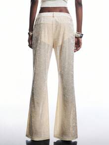 LYSMO 天鹅绒拼布高腰弹力喇叭裤 - 米色 - 查看 2