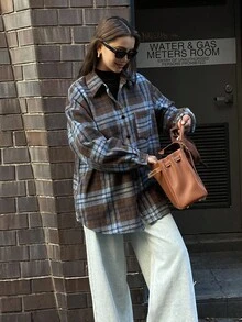 DAZY 撞色格纹宽松复古长袖口袋翻领休闲街头风女式外套，秋冬款 - 棕色 - 查看 6