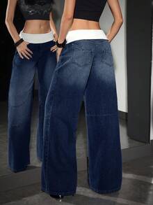 Jeanoix Women's Loose Casual Versatile Ultra Low Waist Wide Leg Jeans - Dark Wash - View 2