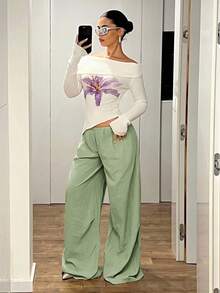 SHEIN ICON 超低腰复古宽松喇叭加长裤 - 綠色 - 查看 3