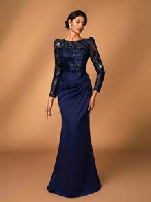 Serin Plus Size Elegant Navy Blue Winter Formal Evening Wedding Guest Dress,Sequin Embroidery Round Neck Long Sleeves Mermaid Hem Mother Of Bride Dress - Navy Blue - View 4