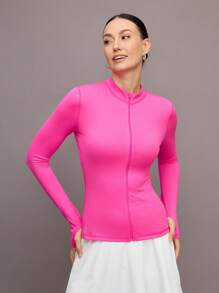 Activina Chaqueta deportiva ajustada de manga larga con cremallera y unicolor para mujer - Rosa Fucsia - Ver 4