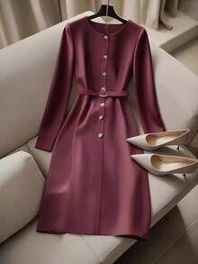 Franclia Damen Rundhals Einreiher Taillengürtel Pendler Elegantes Langarmkleid - Bordeaux - Übersicht 1