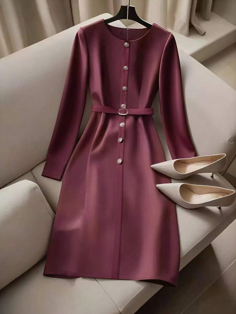 Franclia Damen Rundhals Einreiher Taillengürtel Pendler Elegantes Langarmkleid - Bordeaux - Übersicht 1