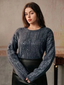 Anewsta Fashionable Design Heavily Embellished Sequin Embroidery Loose Crew Neck Plus Size Women Sweater, Suitable For Autumn, Fall, Winter, Going Out, Elegant, Formal, Party, Chic, New Year, Christmas, Work, Graduation, Wedding - Grey - View 4