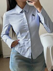 Teen Girls Blue & White Striped Button-Up Embroidered Long Sleeve Blouse, Striped, Preppy, Casual, Back To School/Halloween,Glowmode,Fall,Winter,Autumn