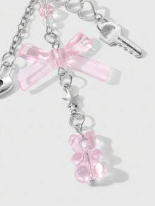 ROMWE Kawaii 1 chiếc móc khóa & móc chìa khóa bằng nhựa DIY hình trái tim rỗng, ngôi sao, cây, nơ, gấu bông bằng bạc tối giản, phụ kiện đa năng cho bé gái/phụ nữ, thích hợp để đeo hàng ngày hoặc làm quà tặng - Hồng - Xem 4