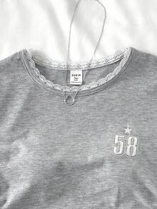 少女针织纯色 BM 风格圆领套头衫蝴蝶结撞色刺绣侧腰褶皱设计短袖 T 恤，夏季服装，基本款，休闲款 - 彩色 - 查看 5