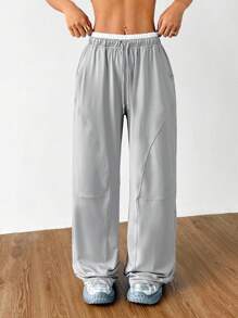 Dewbera Pantalon de yoga large avec poches pour femmes, design minimaliste - Gris - Voir 5