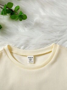 SHEIN Bộ đồ 2 món cổ tròn tay ngắn dệt kim thường ngày cho bé gái tuổi mới lớn - Màu Xám nhạt - Xem 3