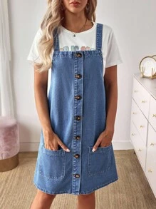 EMERY ROSE 女式休闲前扣牛仔连衣裙，夏季 - 藍色 - 查看 5