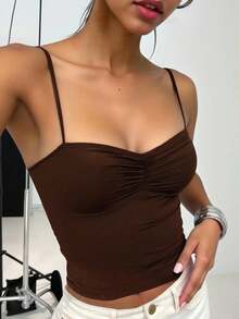 INAWLY Women's Summer Solid Color Ruched Slim Fit Cami Top - Coffee Brown - View 1