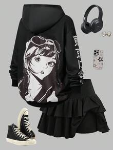 Teen Girl Street Punk Rock Girl Street Culture Oversized Anime Loose Zip-Up Sweatshirt - Black - View 7