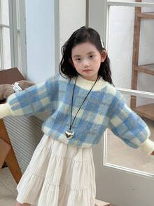DAZY Young Girls Plaid Round Neck Casual Long Sleeve Sweater, Spring/Autumn - Blue - View 5