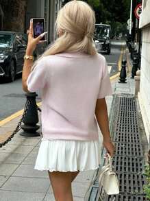 INAWLY Women's Solid Color Polo Collar Loose Casual Knit Top - Pink - View 5